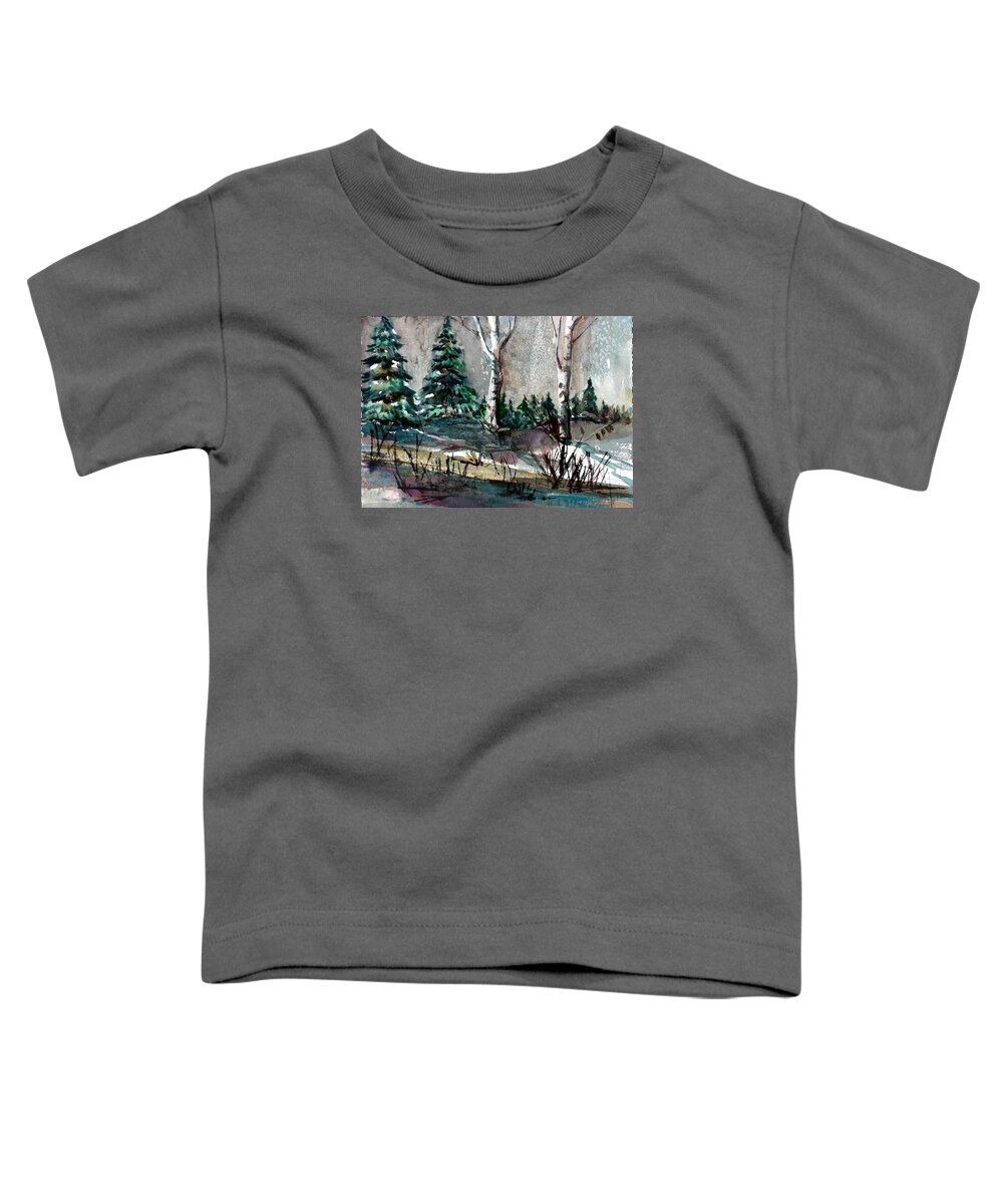 Evergreen Toddler T-Shirt featuring the painting Pine Forest #1 by Mindy Newman