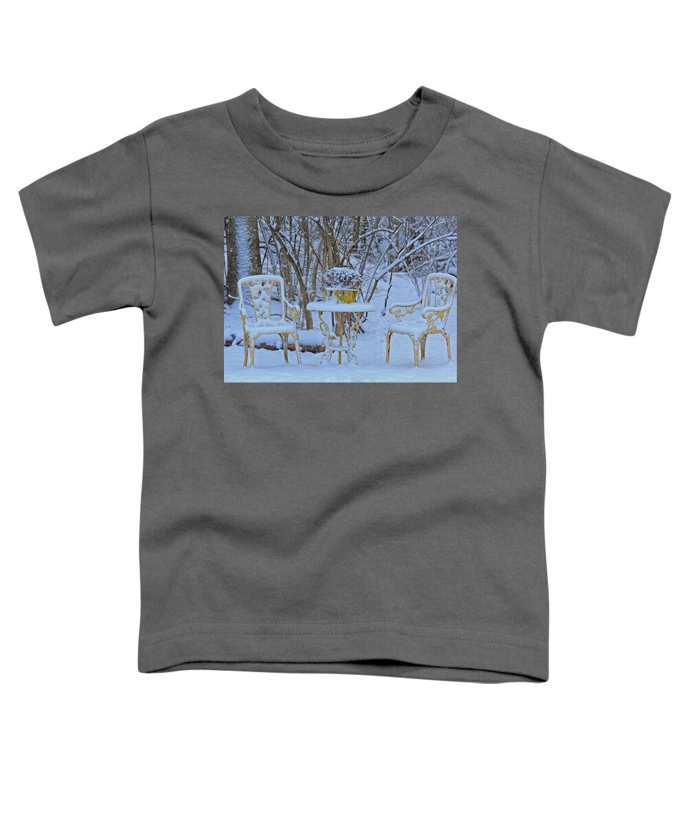 Snowy Sit A Spell Toddler T-Shirt featuring the photograph Snowy Sit a Spell #1 by PJQandFriends Photography