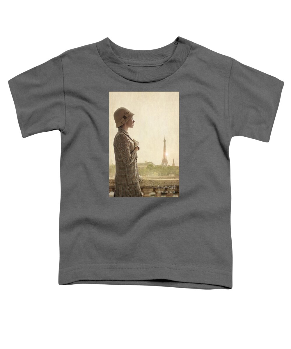 1940's Toddler T-Shirt featuring the photograph 1940s Woman With Cloche Hat In Paris With Eiffel Tower by Lee Avison
