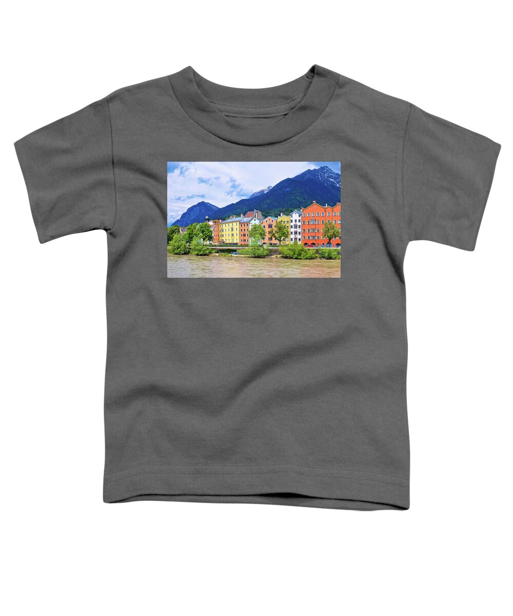 Inn Toddler T-Shirt featuring the photograph City of Innsbruck colorful Inn river waterfront panorama #2 by Brch Photography
