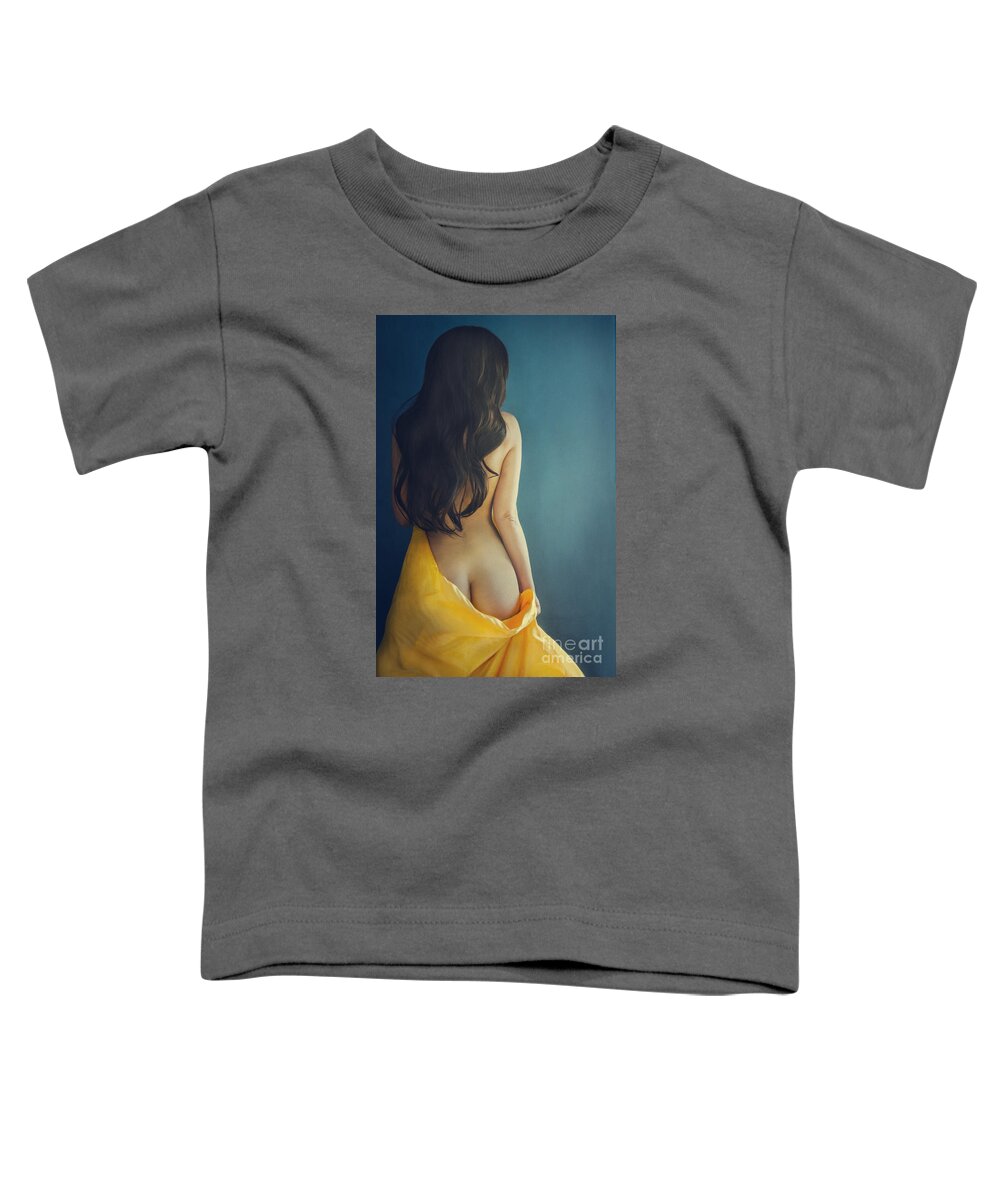 Woman Toddler T-Shirt featuring the photograph Woman with yellow silk on blue background by Jelena Jovanovic