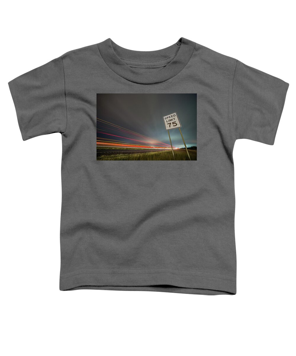 Car Toddler T-Shirt featuring the photograph 75np Speed Limit Sign At Night Next To Afreeway At Night by Alex Grichenko