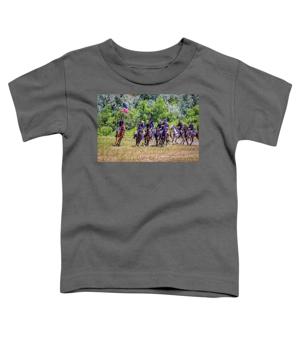 Little Bighorn Re-enactment Toddler T-Shirt featuring the photograph 7th Cavalry In Charge Formation by Donald Pash