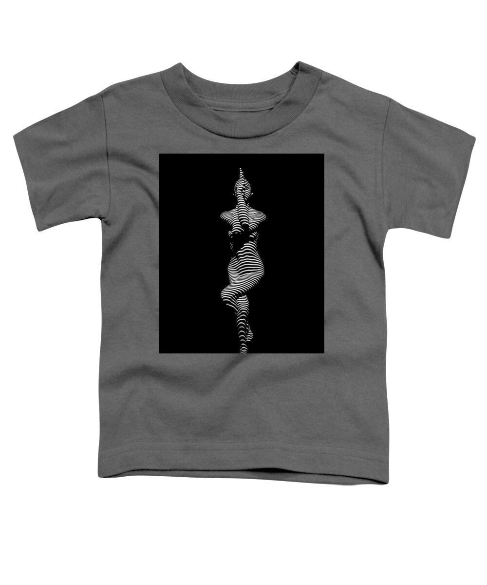 Yoga Toddler T-Shirt featuring the photograph 9486-DJA Yoga Woman Illuminated in Stripes Zebra Black White Absraction Photograph by Chris Maher by Chris Maher