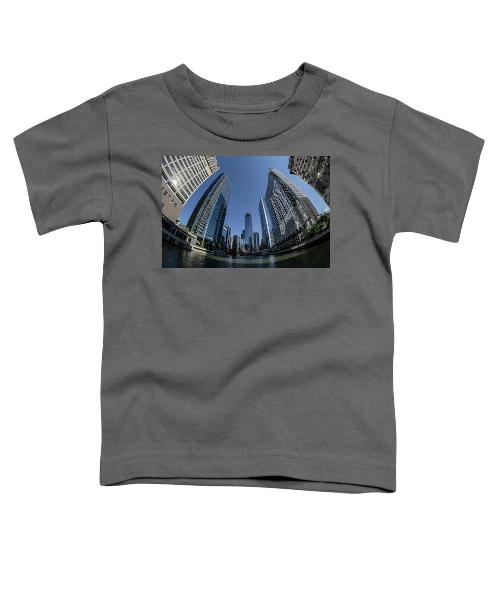 Sun Times Building Toddler T-Shirt featuring the photograph A fisheye view of the Chicago skyline as you appraoch wolf point by Sven Brogren