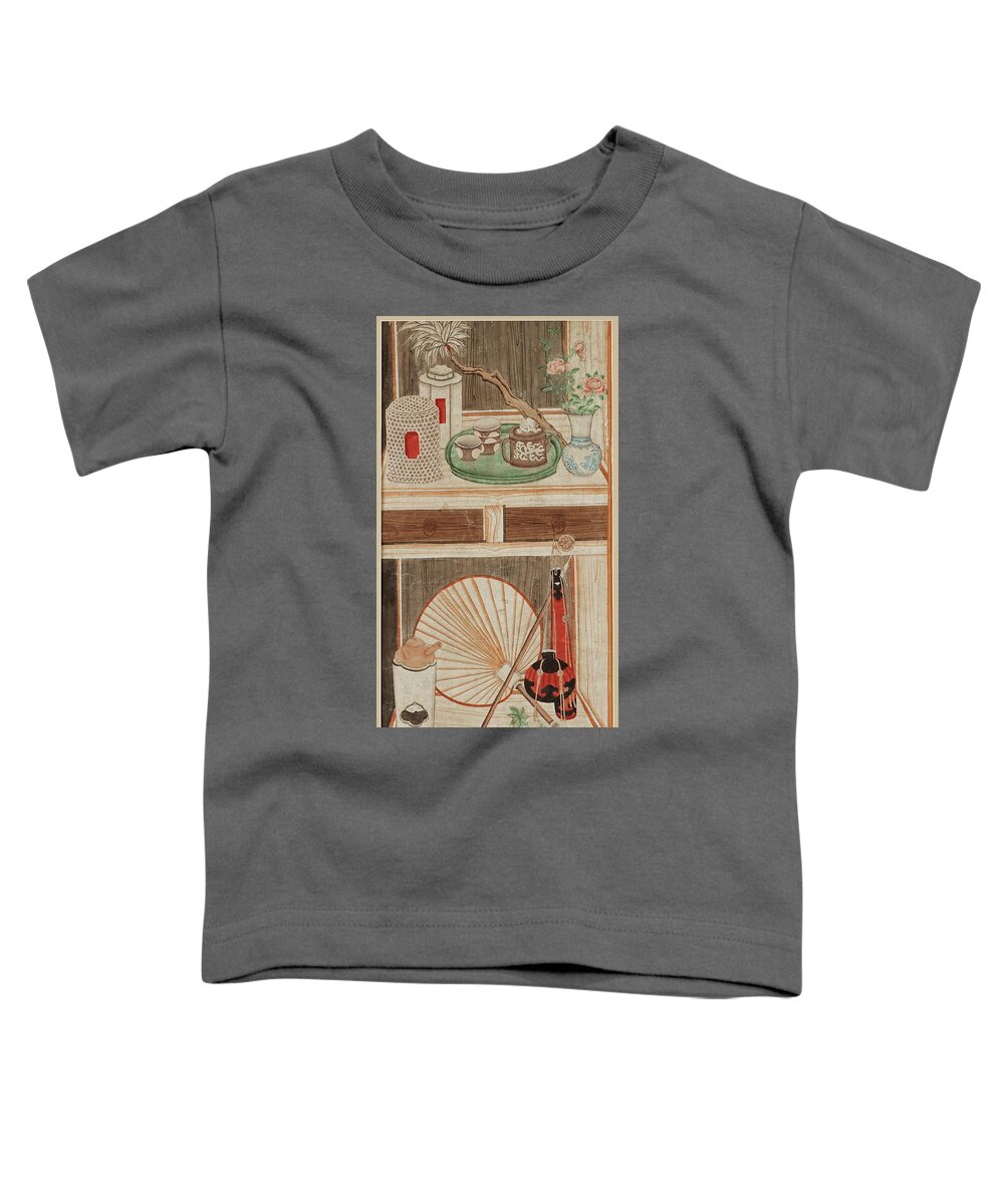 A Shelf With A Tea-set Toddler T-Shirt featuring the painting A Shelf With A Tea-set, Tea Caddies, Flowers And A Sun-fan by Eastern Accents