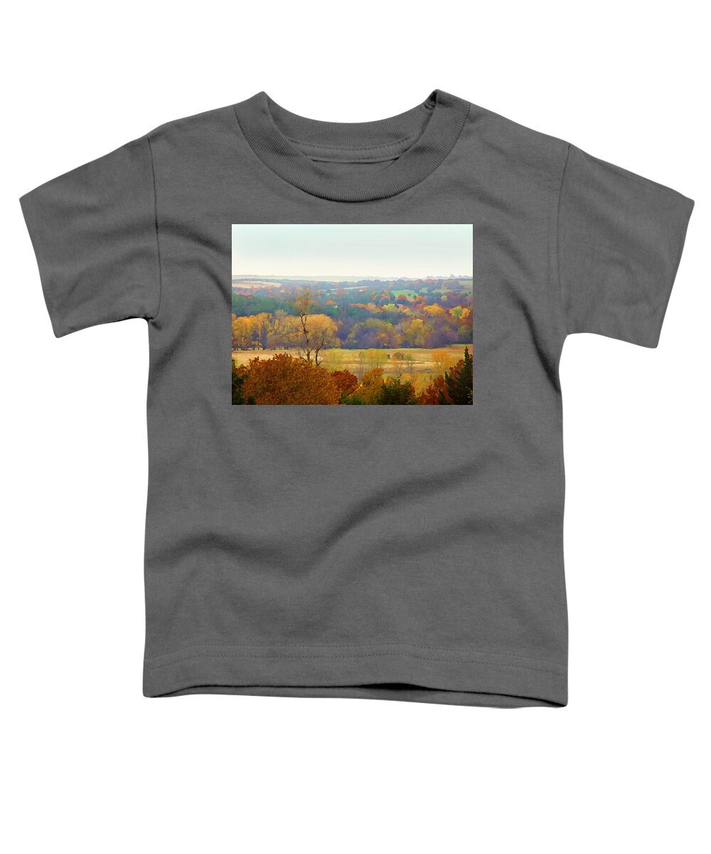 Autumn Toddler T-Shirt featuring the mixed media Across the River in Autumn by Shelli Fitzpatrick