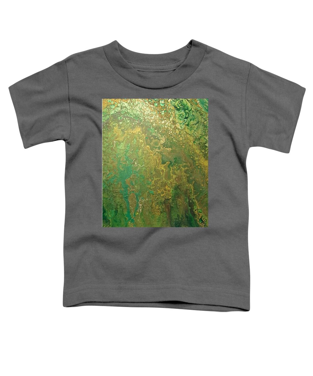 #acrylicdirtypour #abstractacrylics #coolart #paintingswithgreenandgold #acrylicart #abstractartforsale #camvasartprints #originalartforsale #abstractartpaintings Toddler T-Shirt featuring the painting Acrylic Dirty Pour with Greens browns gold copper by Cynthia Silverman
