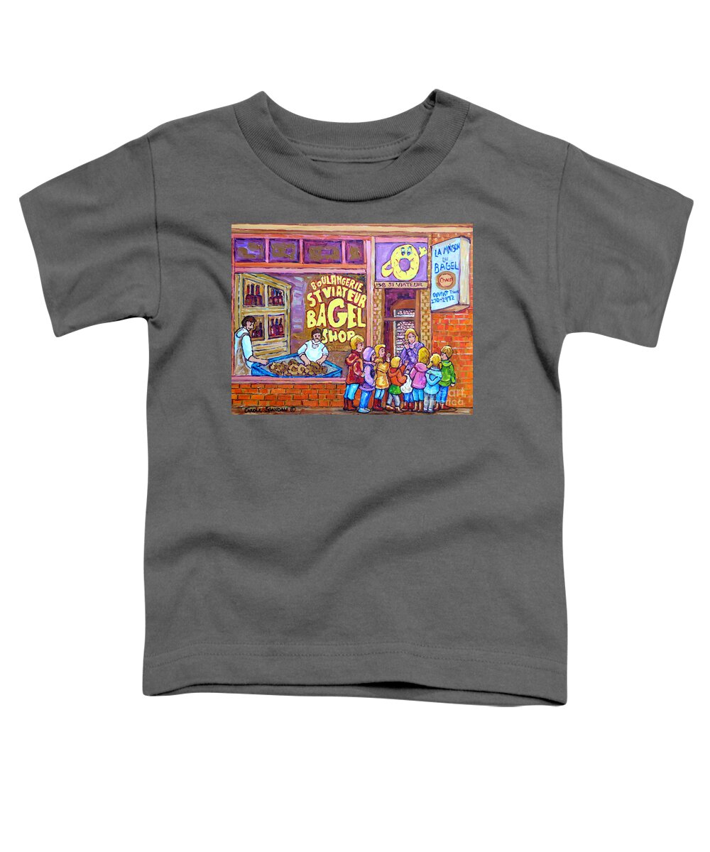 Children Toddler T-Shirt featuring the painting After School Kids Bagel Shoppers Boulangerie Store Front St Viateur Bagel Chef Montreal Memories   by Carole Spandau