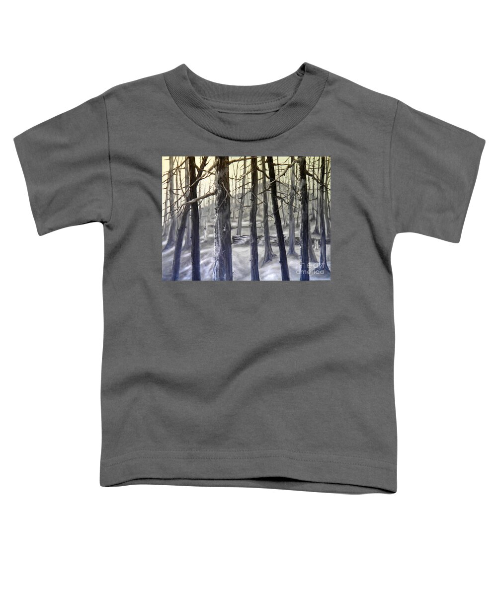Burnt Trees Ash Yellow Grey Black Landscape Hill Sky Ground Log Light Shadow Dark Toddler T-Shirt featuring the painting Aftermath 2 by Ida Eriksen