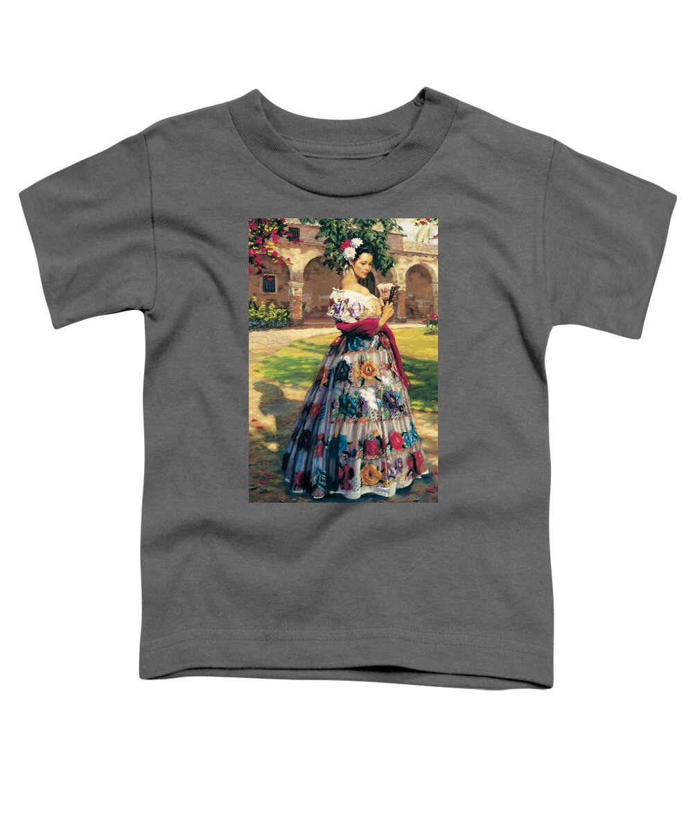 Woman Elaborately Embroidered Mexican Dress. Background Mission San Juan Capistrano. Toddler T-Shirt featuring the painting Al Aire Libre by Jean Hildebrant