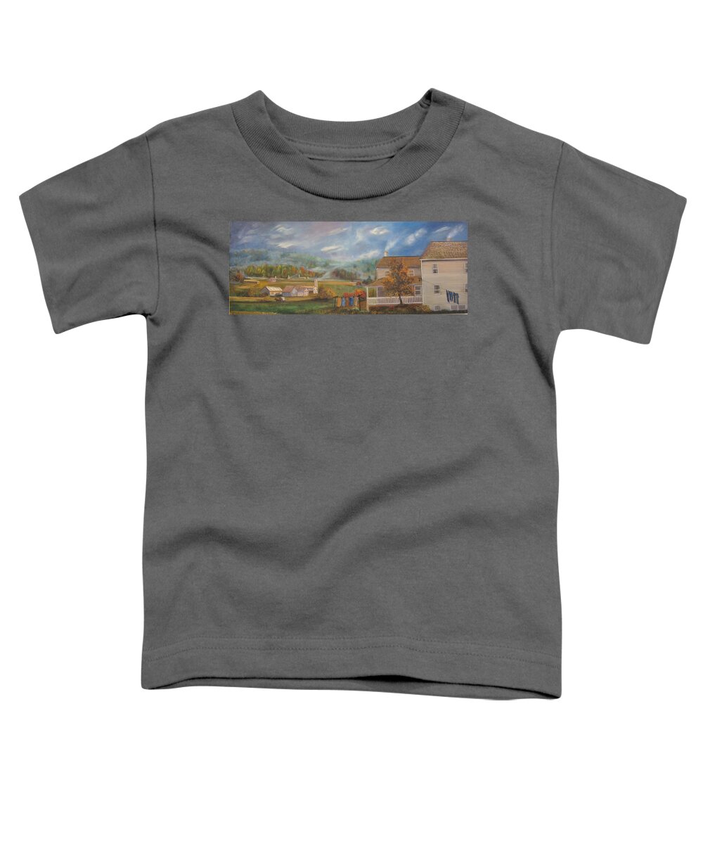 Landscape Toddler T-Shirt featuring the painting Amish Farm by Sherry Strong