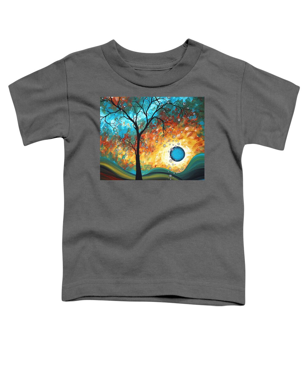 Art Painting Landscape Abstract Contemporary Painting Original Art Madart Licensing Licensor Modern Fine Art Buy Print Surreal Sun Fun Colorful Upbeat Lifestyle Brand Whimsical Tree Yellow Tan Cream Teal Aqua Turquoise Blue Circles Landscape Rust Yellow Brown Toddler T-Shirt featuring the painting Aqua Burn by MADART by Megan Aroon