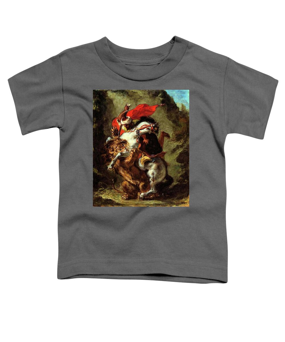 Arab Toddler T-Shirt featuring the painting Arab Horseman Attacked by a Lion by Eugene Delacroix