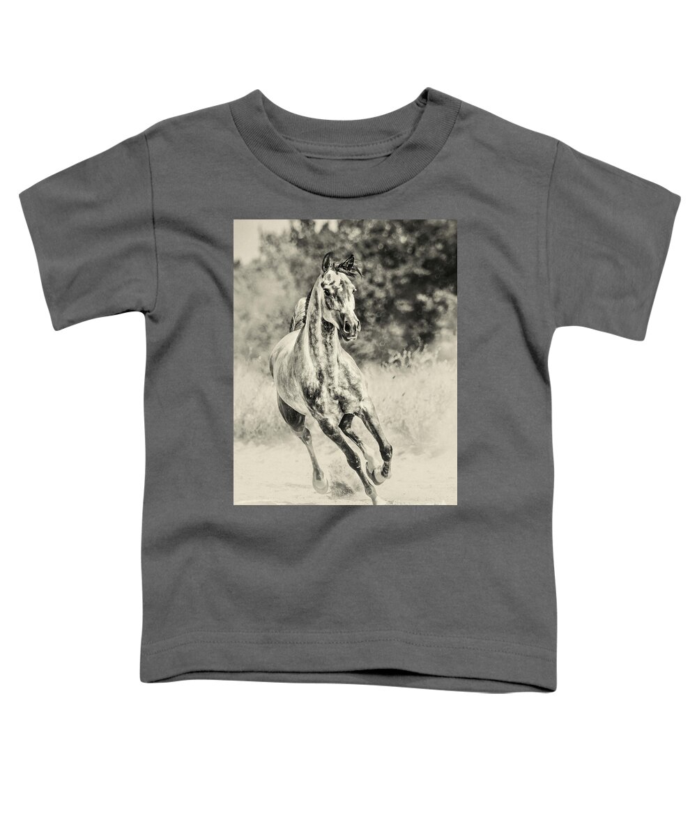 Horse Toddler T-Shirt featuring the photograph Arabian horse running on sunny meadow by Dimitar Hristov