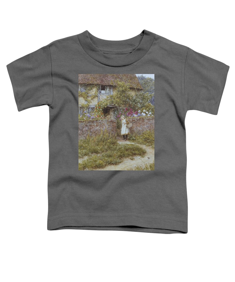 English; Landscape; Rural; Cottage; Gate; Gateway; Girl; Child; Path; C19th; C20th; Victorian Toddler T-Shirt featuring the painting At Sandhills by Helen Allingham
