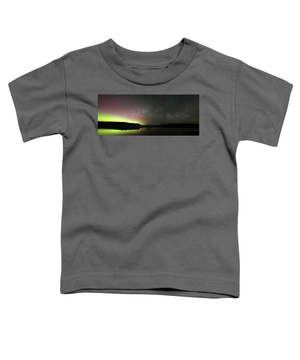 Aurora Toddler T-Shirt featuring the photograph Aurora Borealis and Milky Way over Yellowstone River by Jean Clark