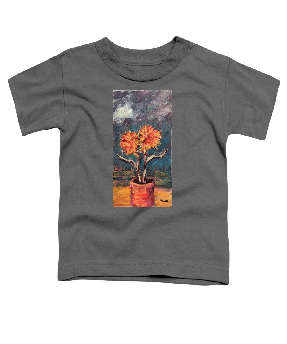 Autumn Feathered Petals Planted Vase Soft Clouds Two Flowers Original Art Oil Painting By Katt Yanda Toddler T-Shirt featuring the painting Autumn Feathered Petals by Katt Yanda