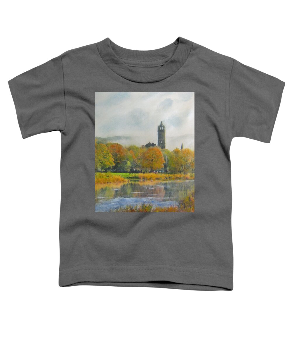Scottish Toddler T-Shirt featuring the painting Autumn Glow Old Parish Church Peebles by Richard James Digance
