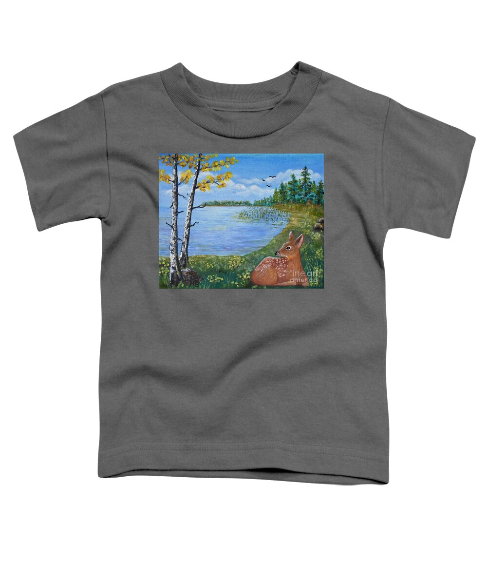 Deer Toddler T-Shirt featuring the painting Baby Fawn in Spring by Monika Shepherdson