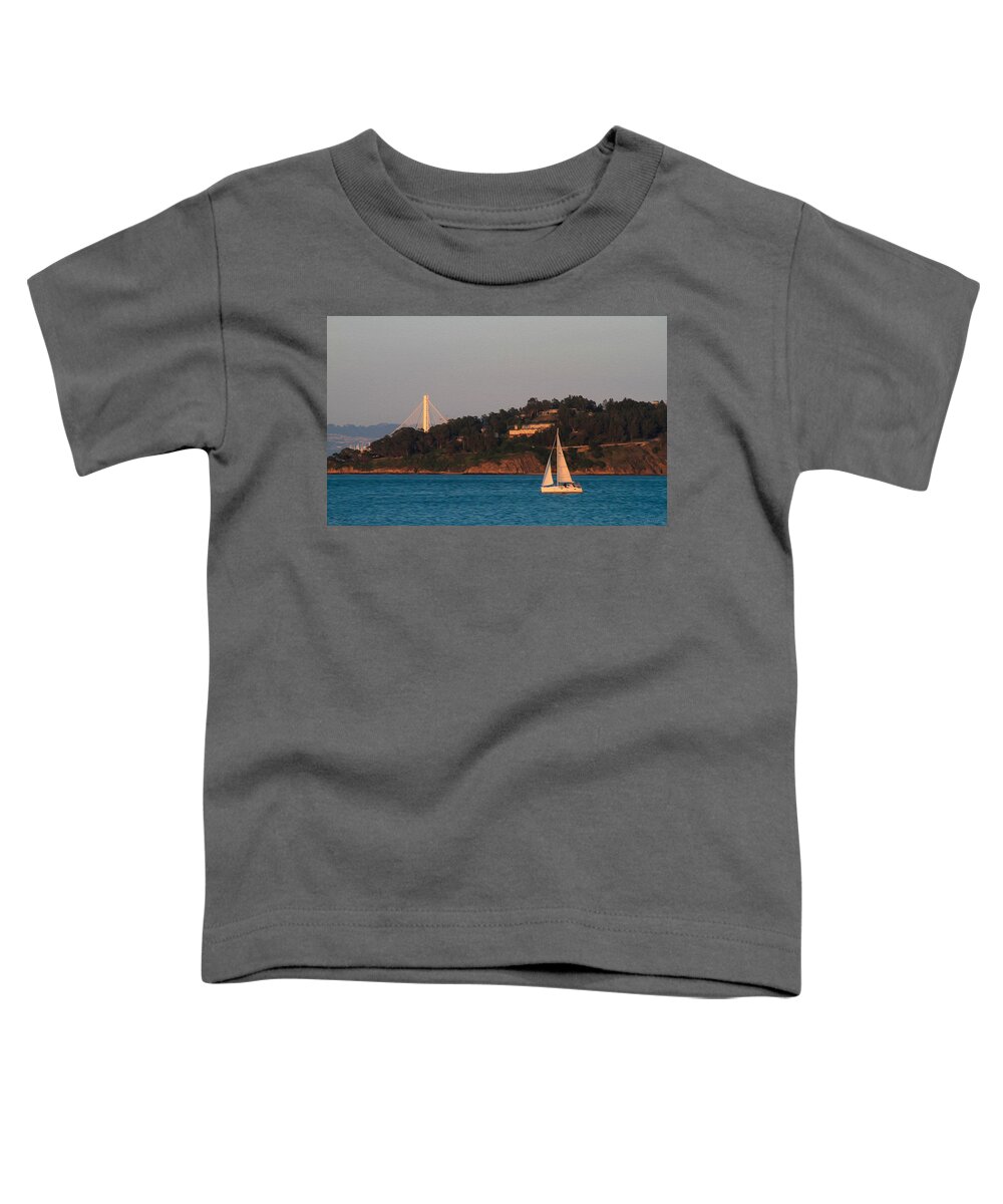 Bonnie Follett Toddler T-Shirt featuring the photograph Bay scene with sailboat by Bonnie Follett