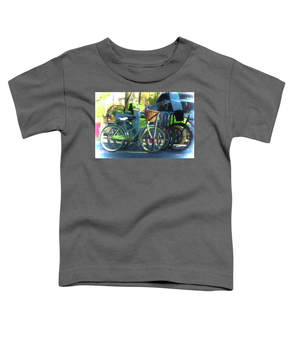  Toddler T-Shirt featuring the photograph Beach, Boardwalk, Bikes by Phil Mancuso