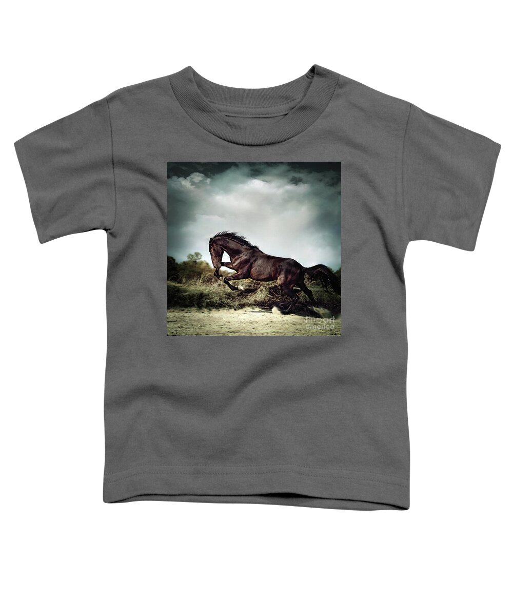 Horse Toddler T-Shirt featuring the photograph Beautiful black stallion horse running on the stormy sky by Dimitar Hristov