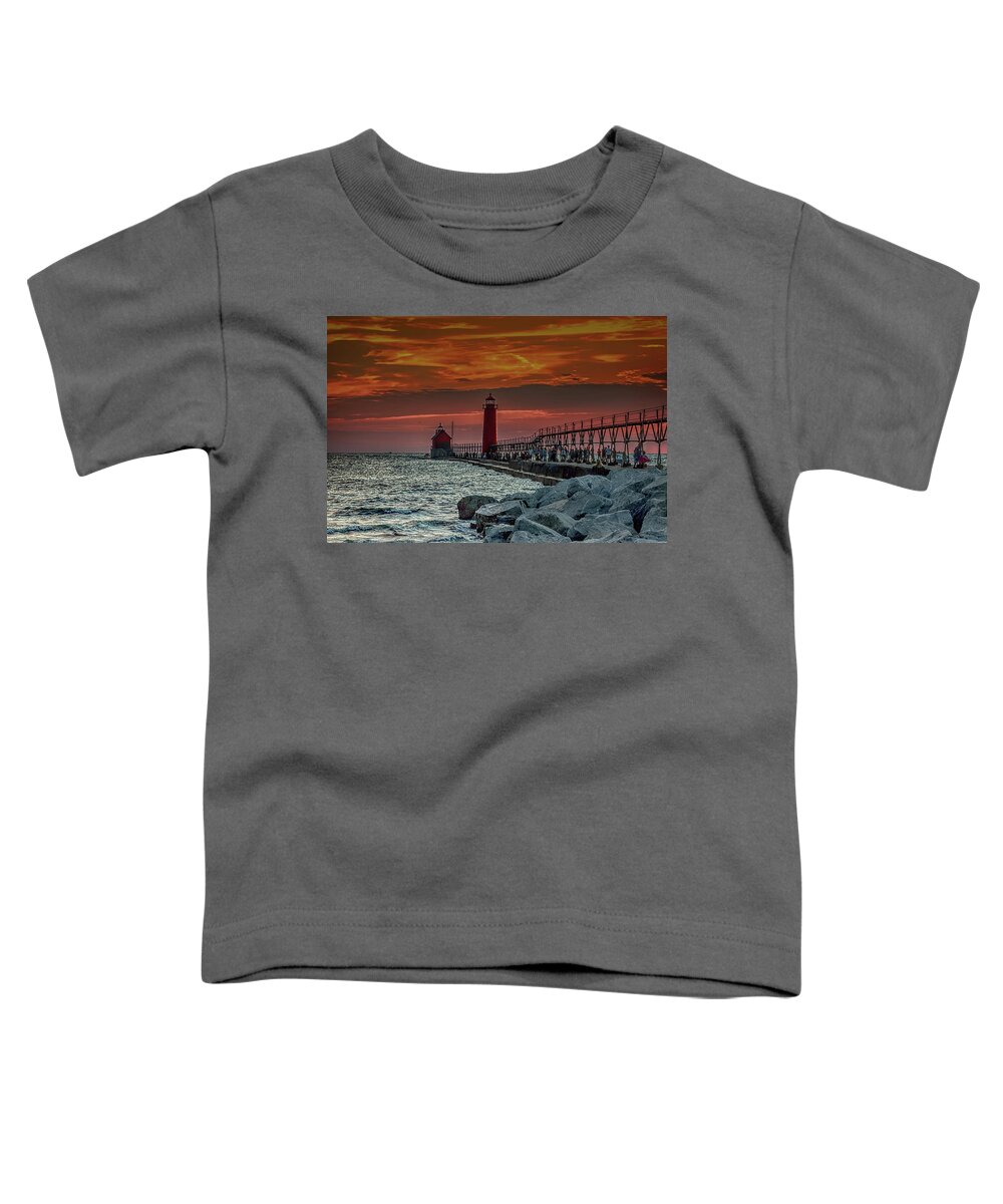 Grand Haven Pier Toddler T-Shirt featuring the photograph Sunset at Grand Haven Pier by Pat Cook