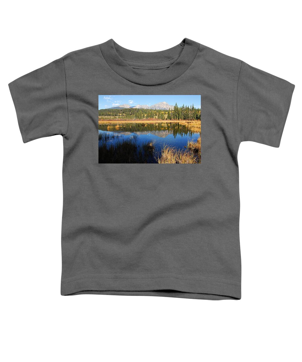 Pyramid Mountain Toddler T-Shirt featuring the photograph Beaver Pond and Pyramid Mountain by Larry Ricker