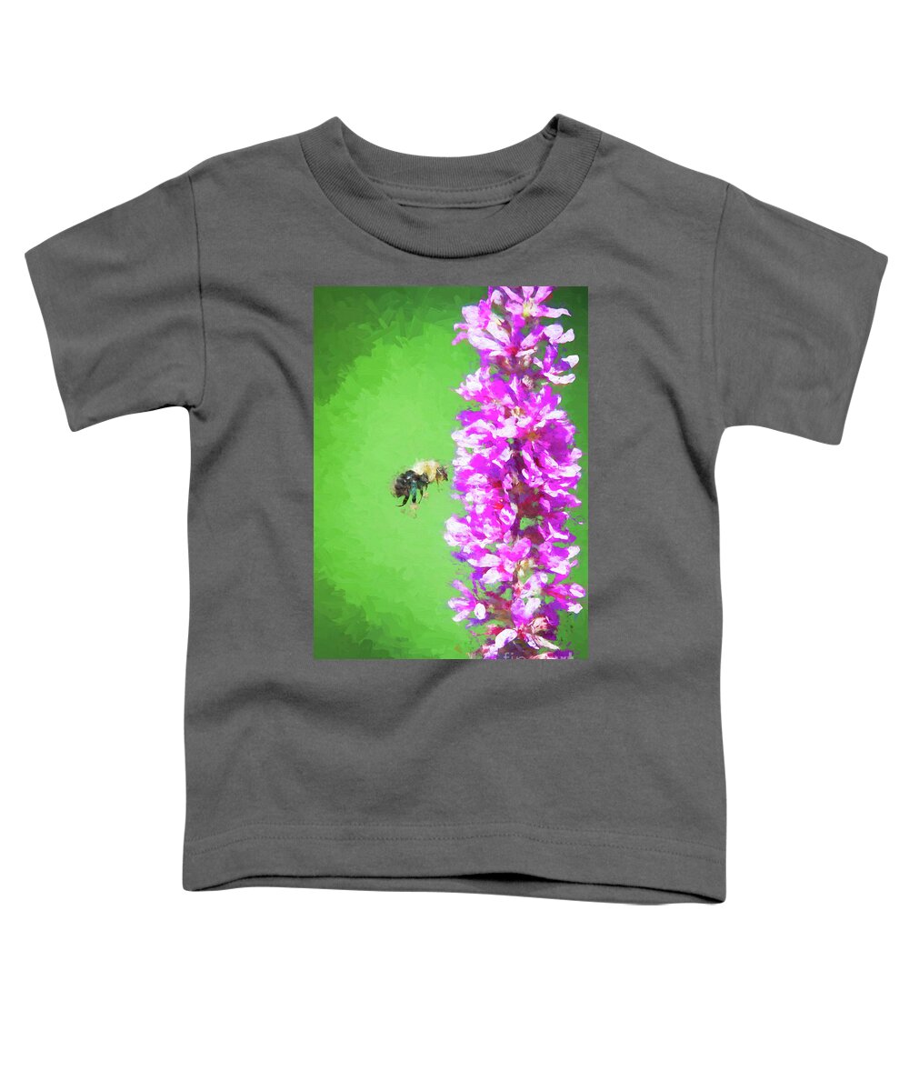 Green Toddler T-Shirt featuring the digital art Bee Kissing a Flower by Ed Taylor