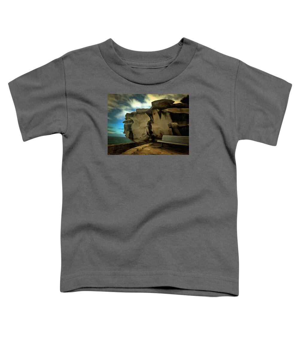 Lonely Place Toddler T-Shirt featuring the photograph Bench and huge overhanging rock by Ashish Agarwal