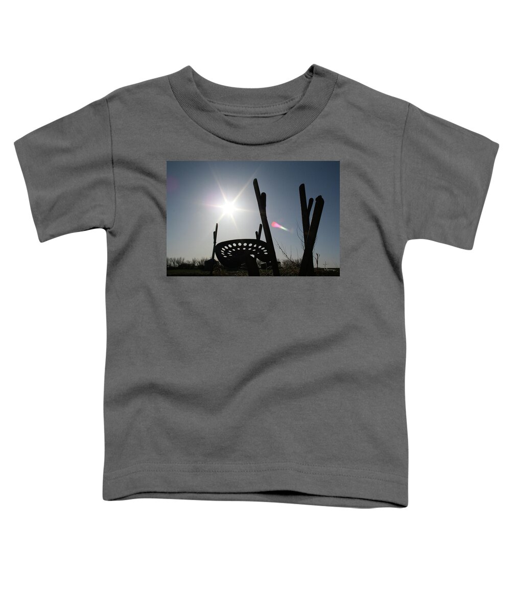 Antique Old Tractor Seat Farm Equipment Sunset Sky Scenery Toddler T-Shirt featuring the photograph Better Days by Andrea Lawrence