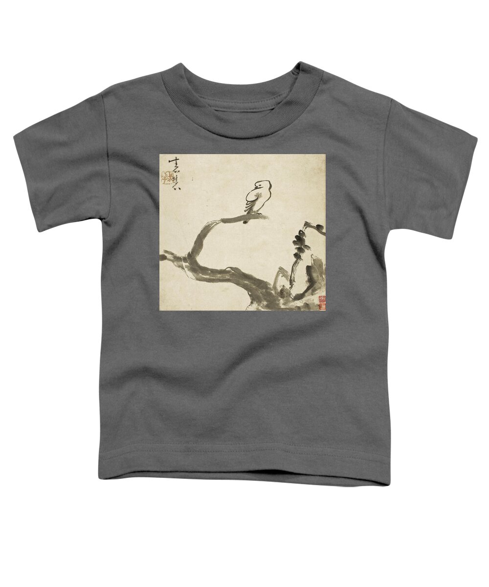 Niu Shihui Toddler T-Shirt featuring the drawing Bird Perching on Tree Branch by Niu Shihui