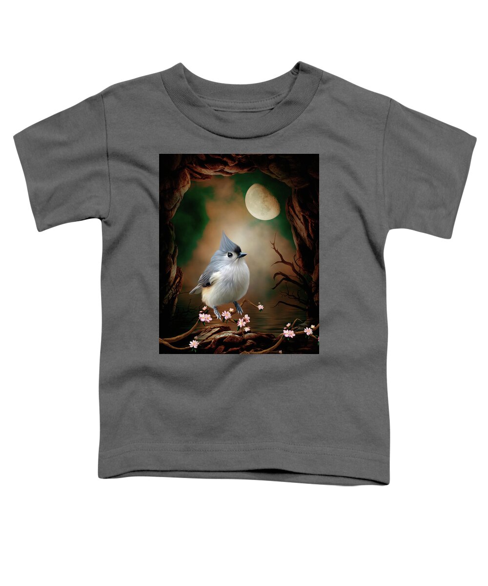 Bird -stunning Titmouse In The Moonlight Toddler T-Shirt featuring the digital art Bird - Titmouse in the moonlight by John Junek