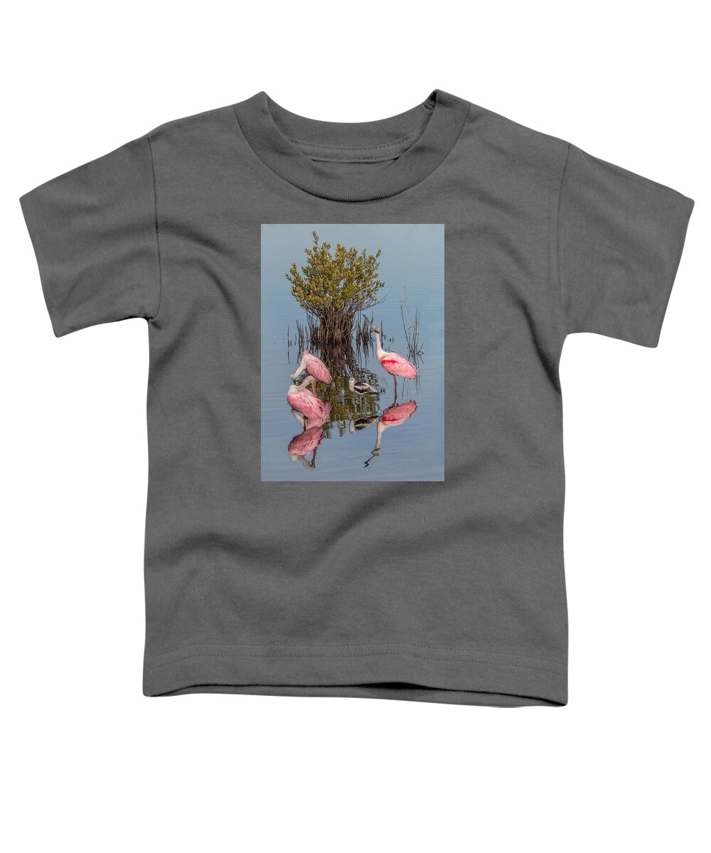 Spoonbill Toddler T-Shirt featuring the photograph Birds, Reflections, and Mangrove Bush by Dorothy Cunningham