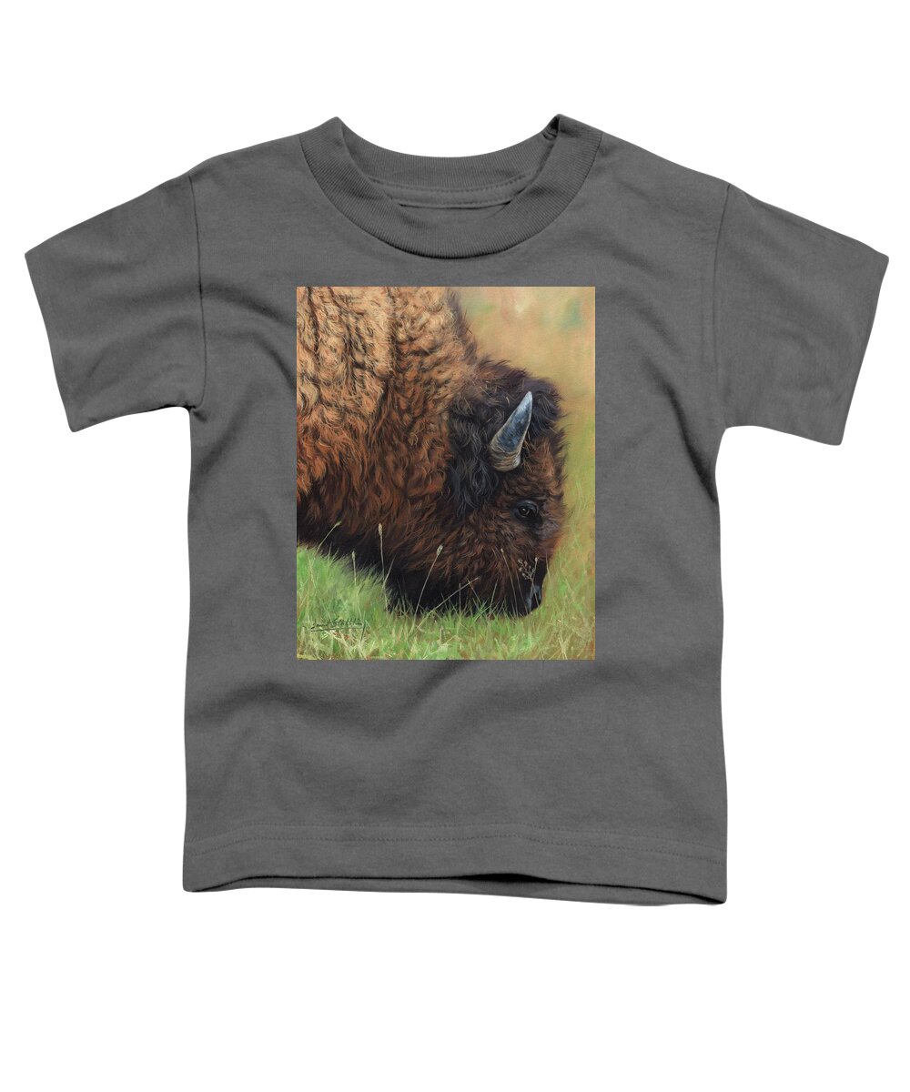 Bison Toddler T-Shirt featuring the painting Bison Grazing by David Stribbling