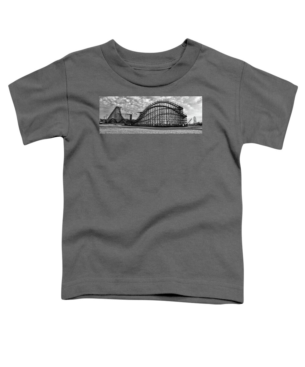 Black Toddler T-Shirt featuring the photograph Black and White - Great White Roller Coaster - Adventure Pier Wi by Bill Cannon