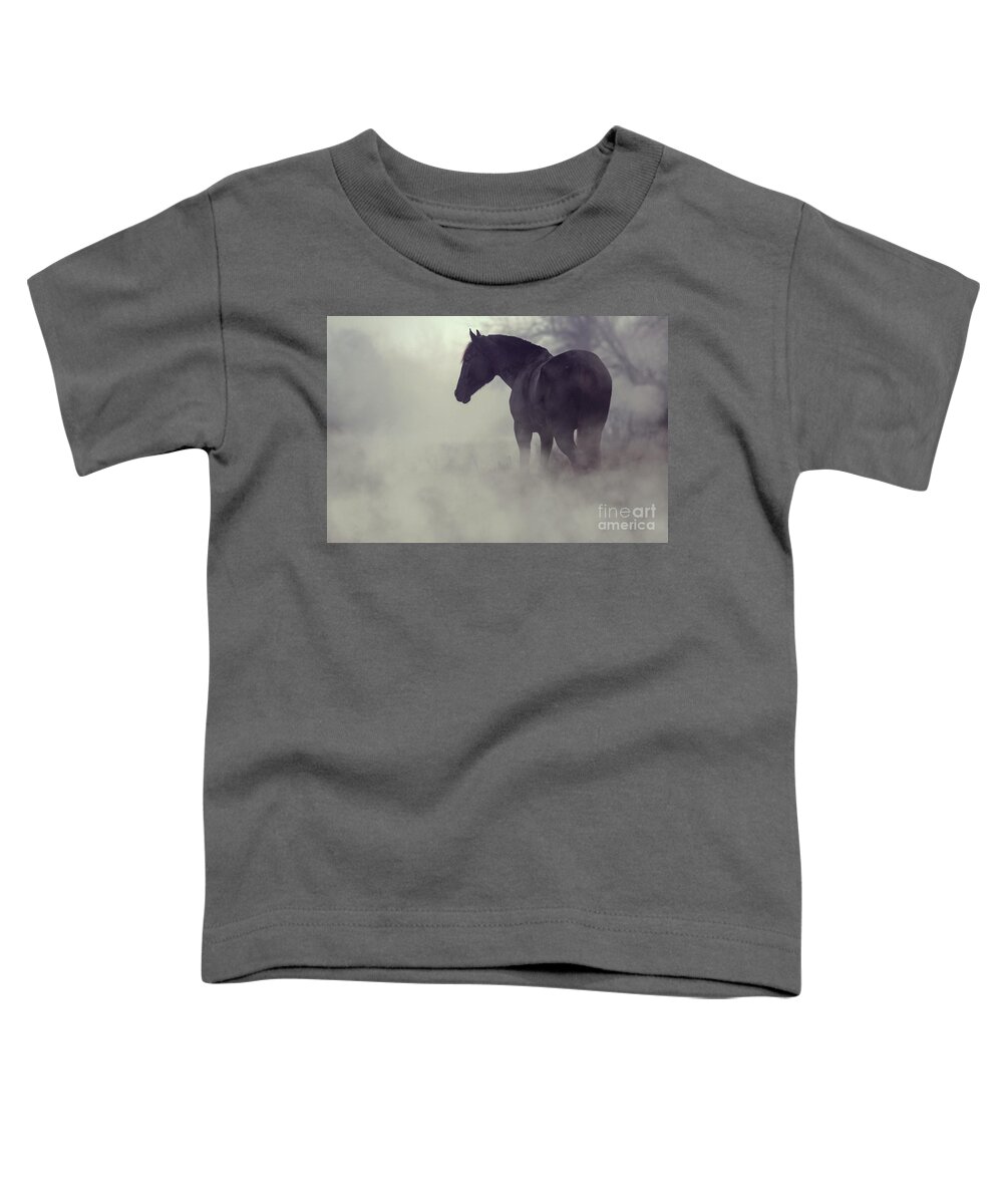 Horse Toddler T-Shirt featuring the photograph Black horse in the dark mist by Dimitar Hristov