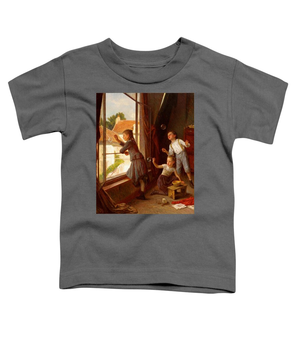 Theophile Duverger (1821-1901) Blowing Bubbles C. 1860 Toddler T-Shirt featuring the painting Blowing Bubbles by MotionAge Designs