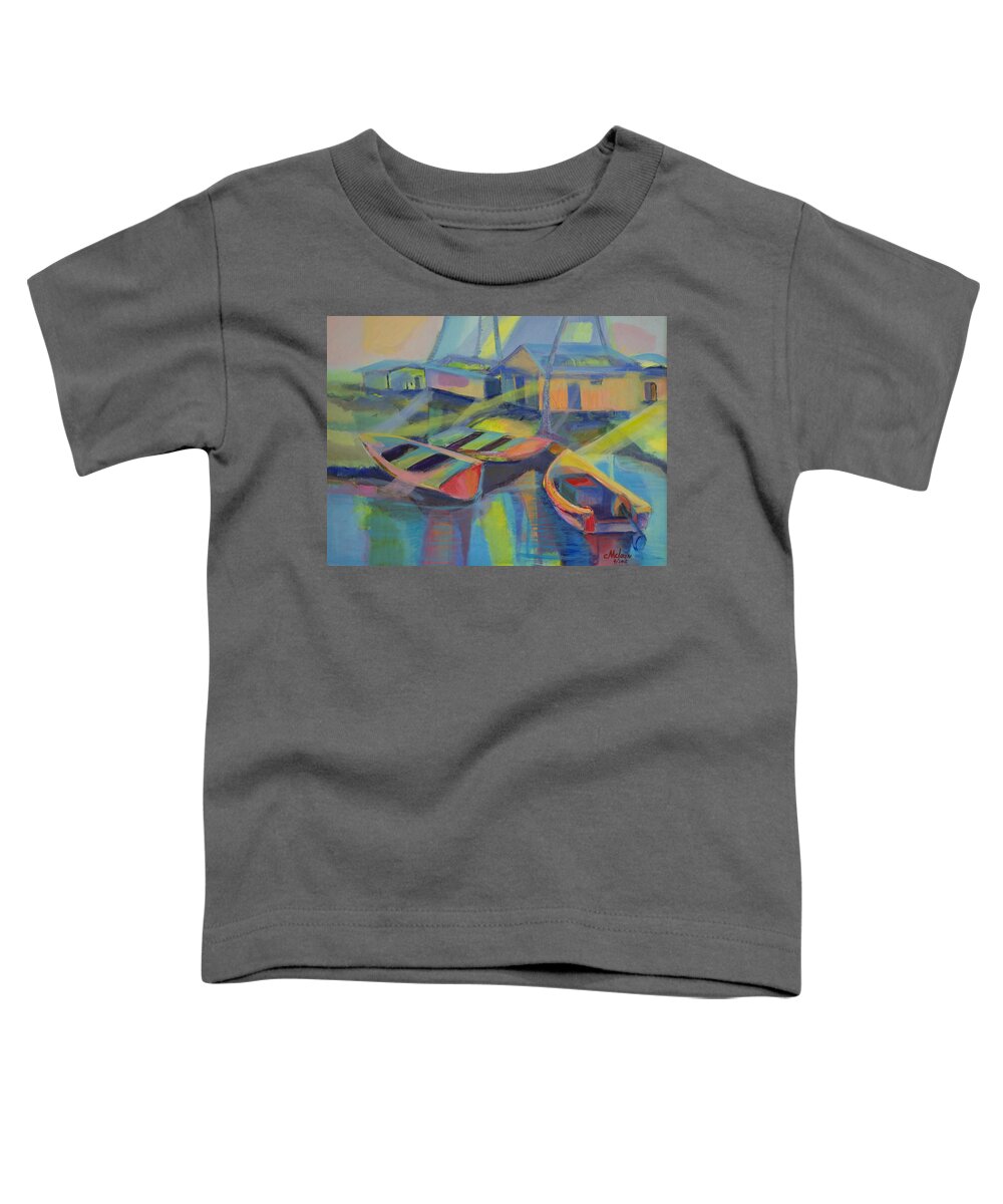 Blue Toddler T-Shirt featuring the painting Blue Fishing Village by Cynthia McLean