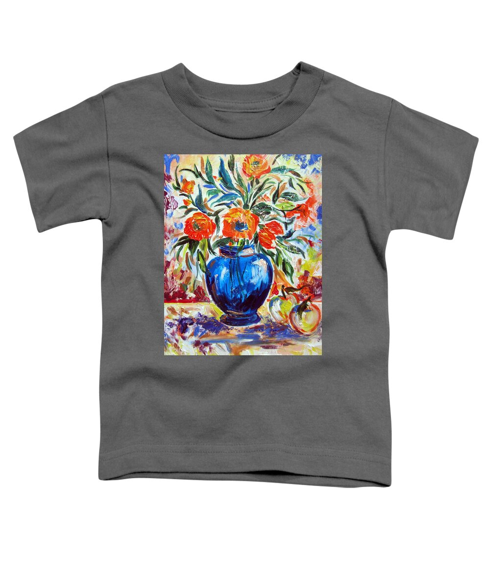Still Life Toddler T-Shirt featuring the painting Blue Vase Flowers and apples by Roberto Gagliardi