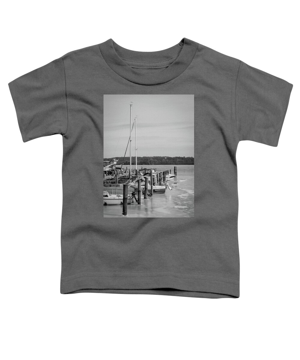 Boats Toddler T-Shirt featuring the photograph Boats In Icy Harbor in Black and White by Liz Albro