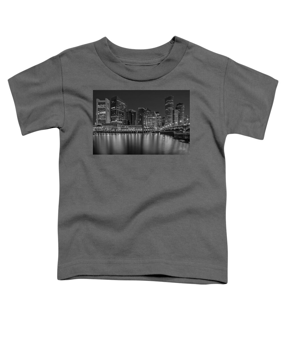 Boston Toddler T-Shirt featuring the photograph Boston Skyline Twilight BW by Susan Candelario