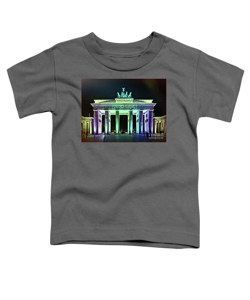 Germany Toddler T-Shirt featuring the painting Brandenburg Gate at Night - green by Horst Rosenberger