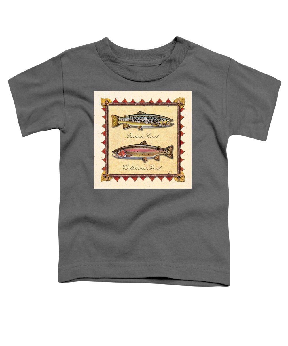 Jon Q Wright Jq Licensing Trout Fly Flyfishing Brown Trout Rainbow Trout Brook Trout Cutthroat Trout Fishing Lodge Cabin Toddler T-Shirt featuring the painting Brown and Cutthroat Creme by JQ Licensing