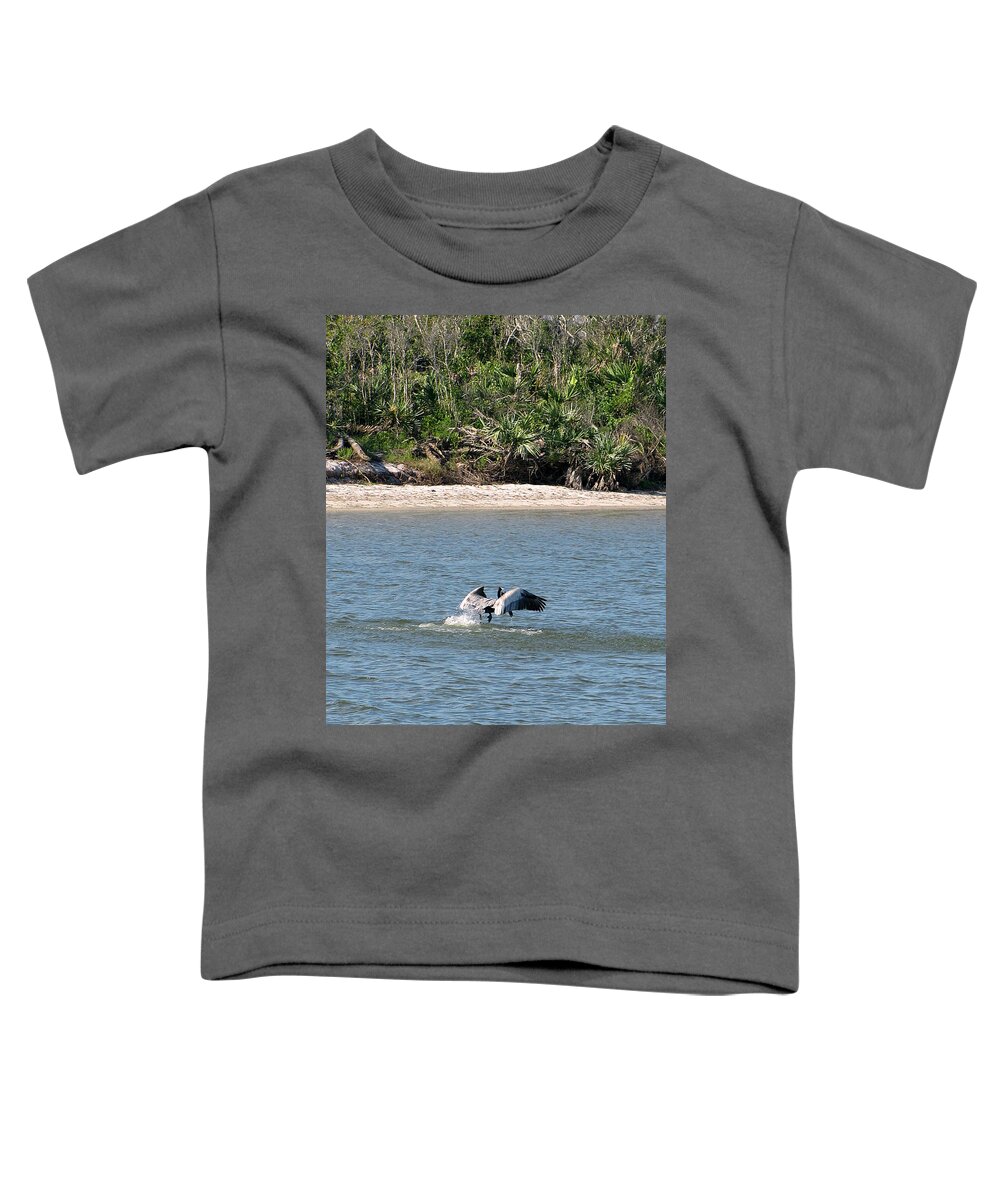 Brown Pelican Toddler T-Shirt featuring the photograph Brown Pelican Strike at Canaveral National Seashore by Christopher Mercer