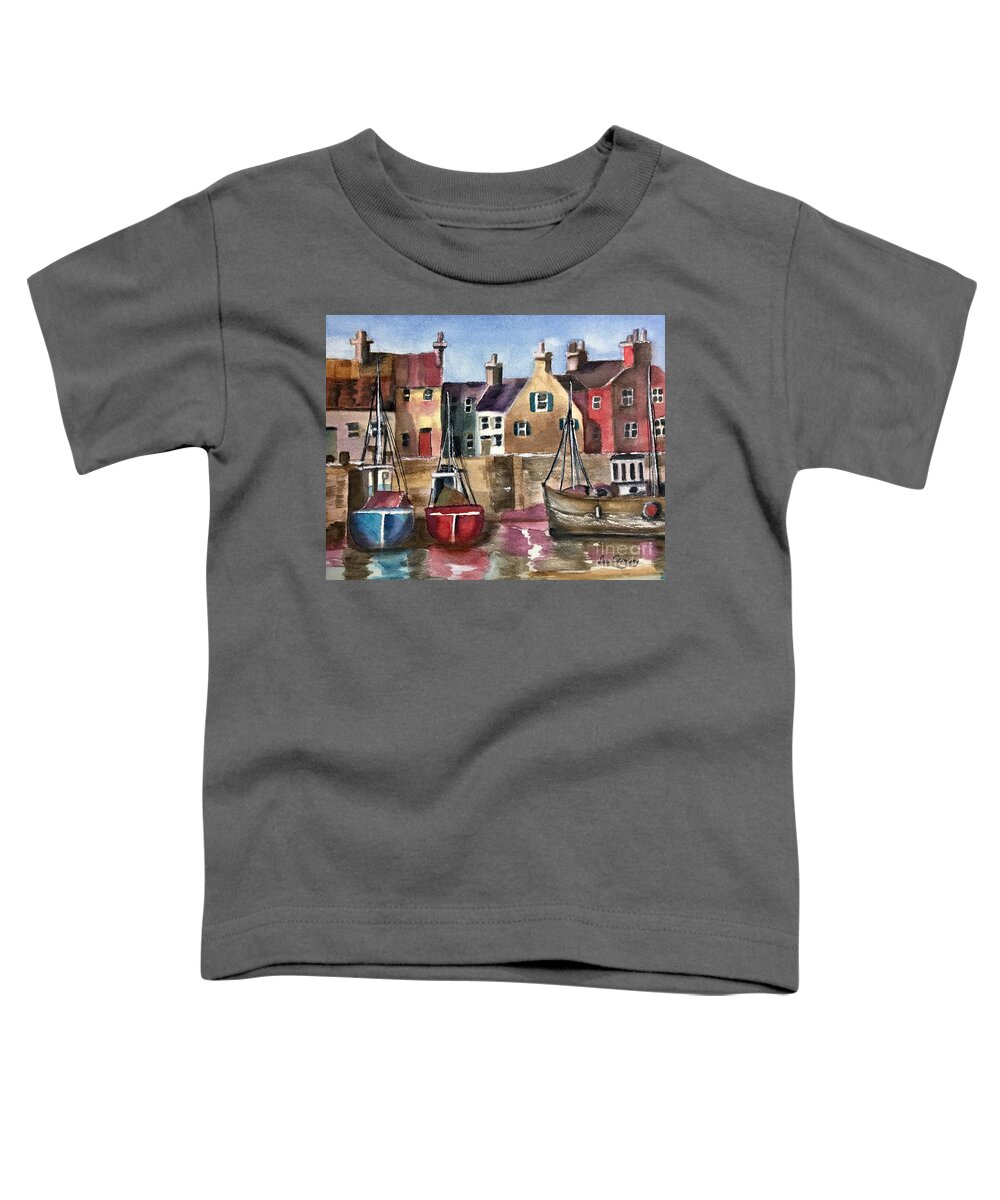 Boats Toddler T-Shirt featuring the painting By the Harbor by Sue Carmony