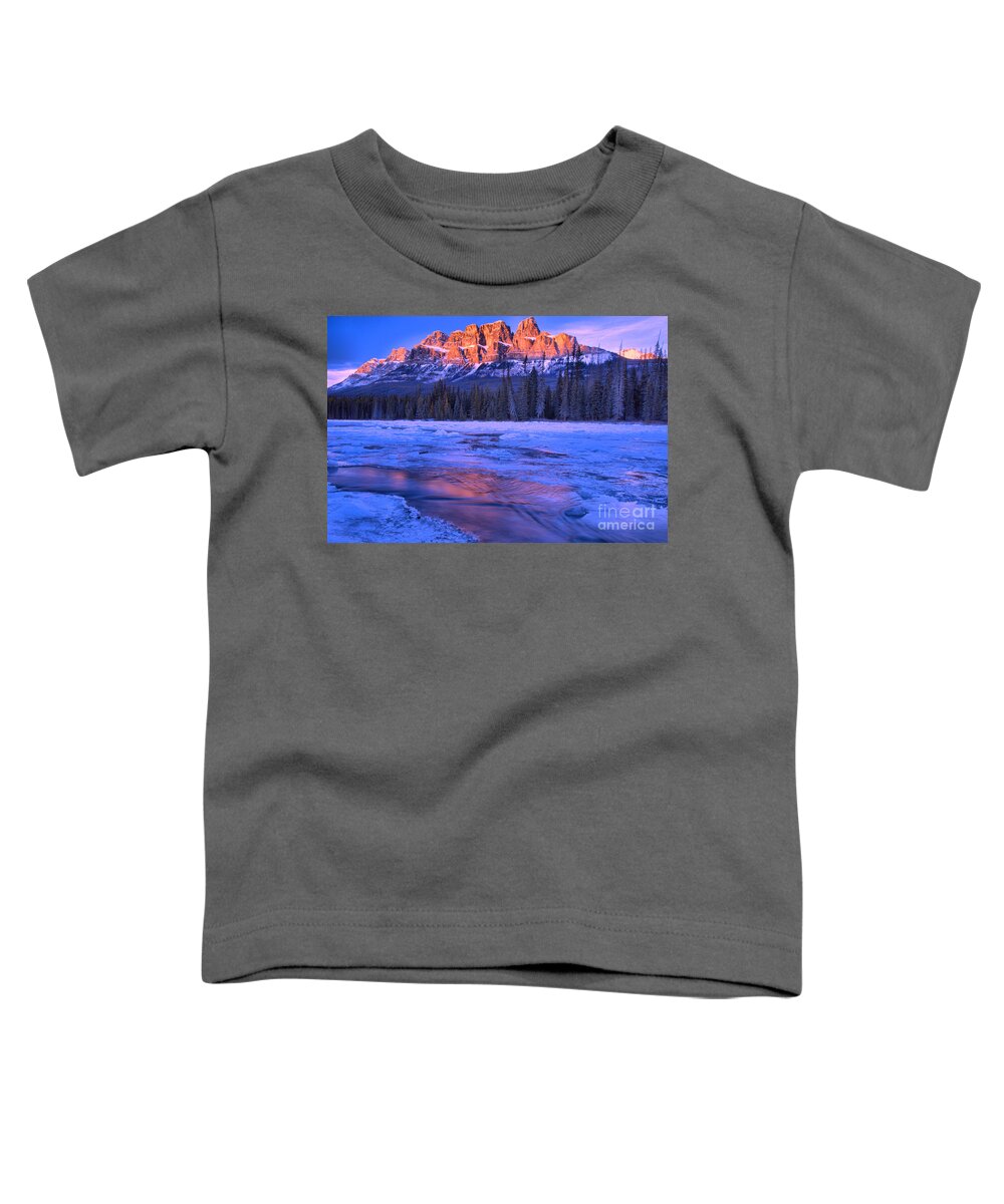 Castle Mountain Toddler T-Shirt featuring the photograph Castle Mountain Purple Refelctions by Adam Jewell