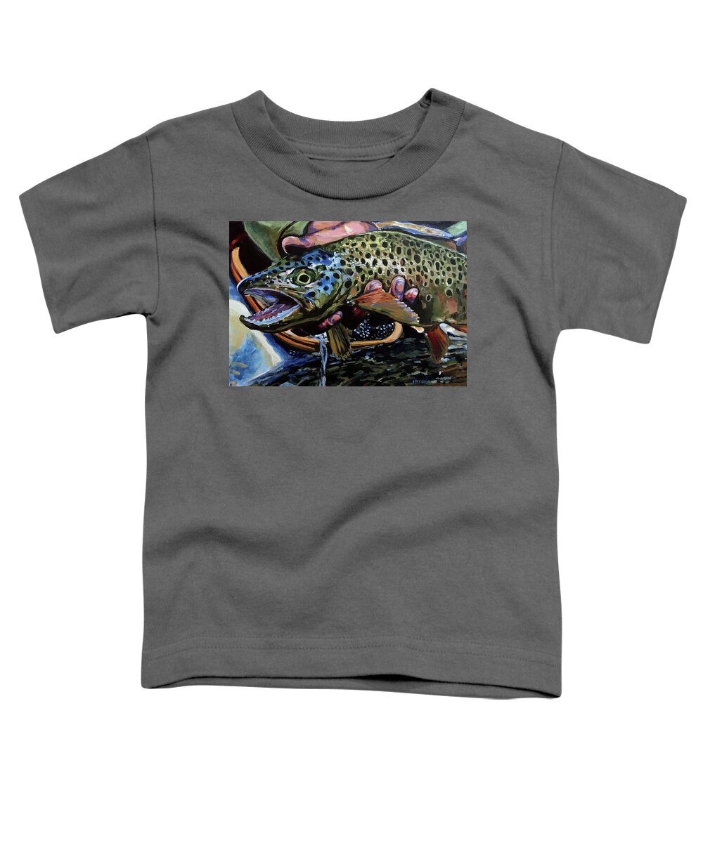 Brown Trout Toddler T-Shirt featuring the painting Catch of the Day by Les Herman