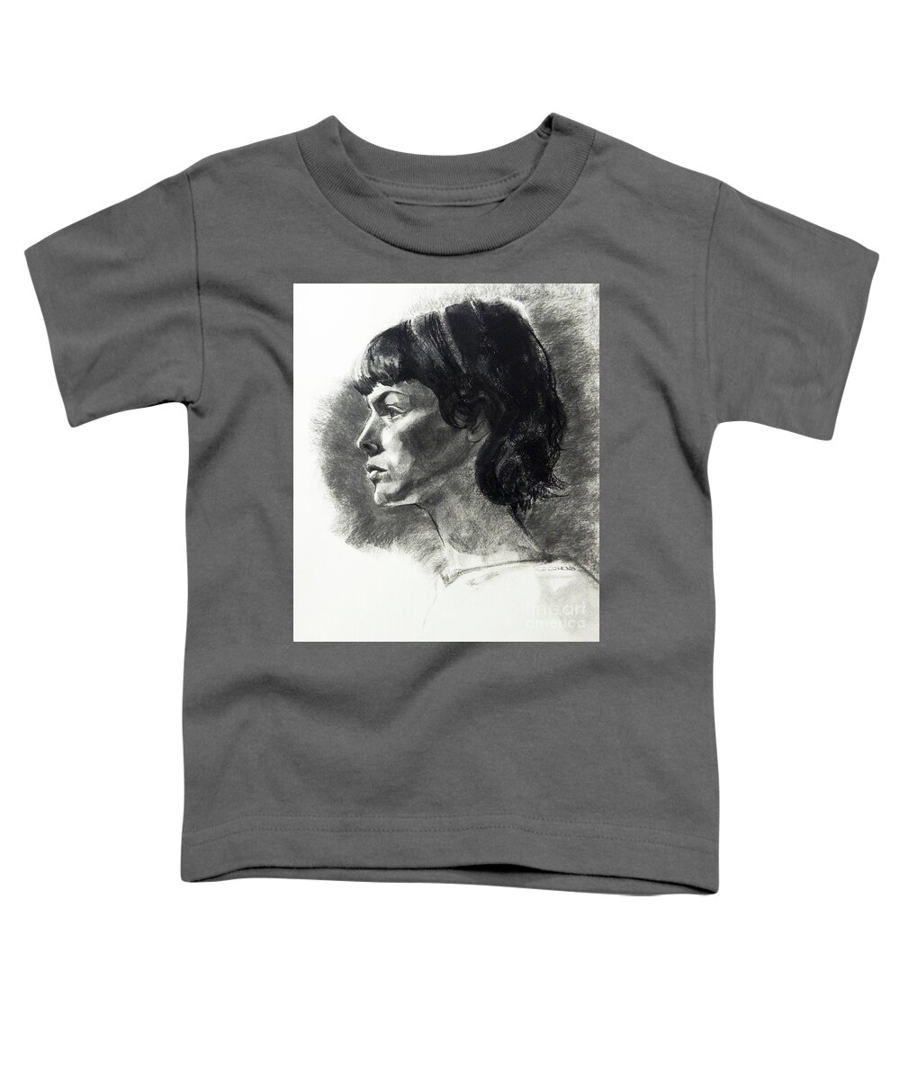 Greta Corens Toddler T-Shirt featuring the drawing Charcoal Portrait of a Pensive Young Woman in Profile by Greta Corens